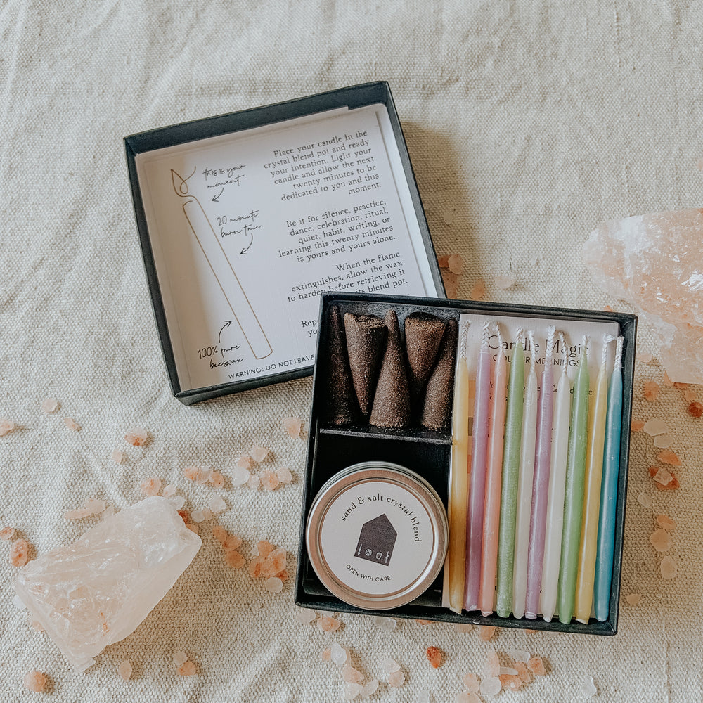 
                  
                    open intention candle box with candles, incense, and salt pot inside
                  
                